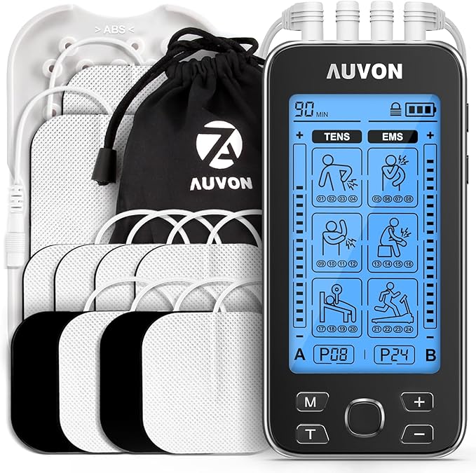AUVON 4 Outputs TENS Unit EMS Muscle Stimulator Machine for Pain Relief Therapy with 24 Modes Electric Pulse Massager, 2" and 2"x4" Electrodes Pads, Black-StrideForce Fitness