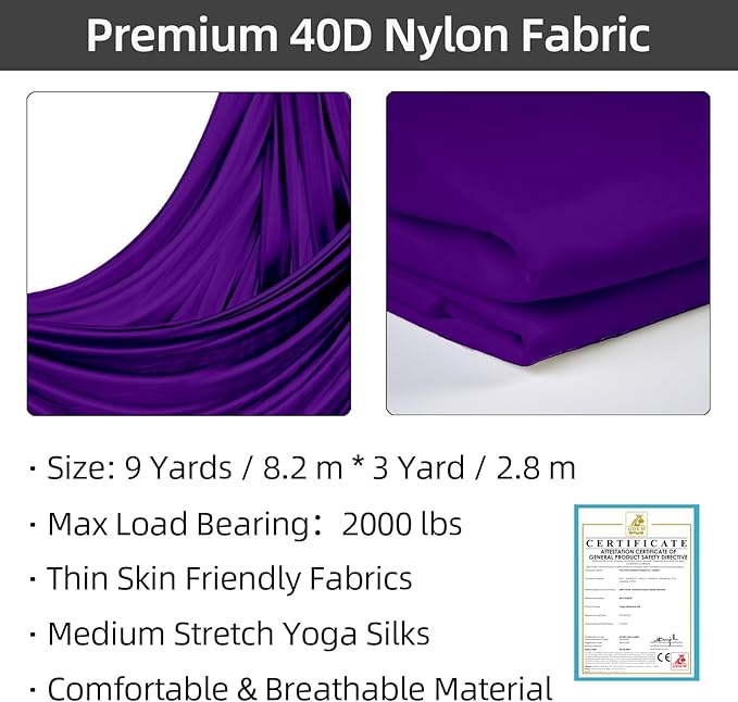 PRIOR FITNESS Aerial Silks Kit Colorful 9/15/20 Yards 40D Nylon Fabric Hammock Set With Hardware & Guide for All Levels Of Aerial Yoga Practice and Acrobatic Flying For Adults Aerial silk-StrideForce Fitness