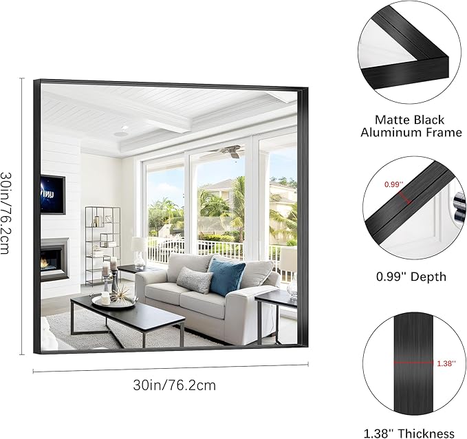 Black Bathroom Mirror, 30x30 Inch Rectangular Framed Mirror, Large Wall Mounted Bathroom Vanity Mirror Over Sink for Bedroom,Restroom, Living Room, Hangs Vertically or Horizontally-StrideForce Fitness