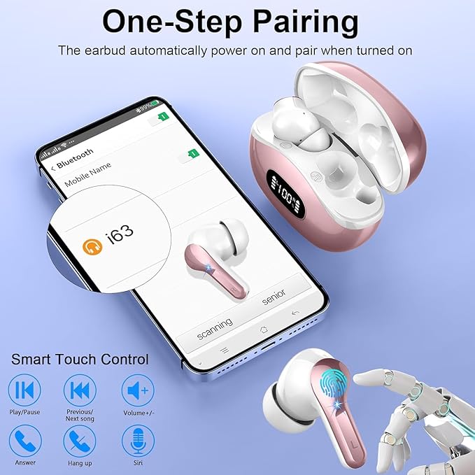 Wireless Earbuds, Bluetooth Headphones 5.3 HiFi Stereo Ear buds with ENC Noise Cancelling Mics, 40H Bluetooth Earbuds with LED Display Charging Case, IP7 Waterproof Earphones for Android iOS, Rosegold-StrideForce Fitness