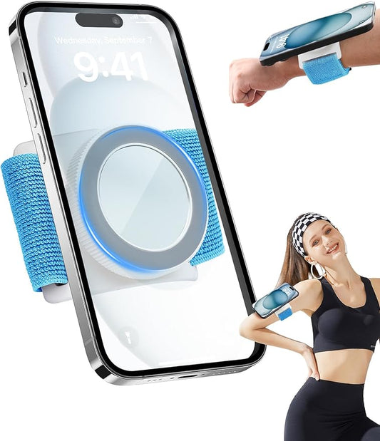 TOPGO Magnetic Running Phone Holder for iPhone, HD Mirror & Extendable Anti-Drop Rope for Gym/Yoga, 360° Rotatable Wrist Phone Holder, Fits iPhone 16 Pro & Android (Blue, 2 Straps)-StrideForce Fitness