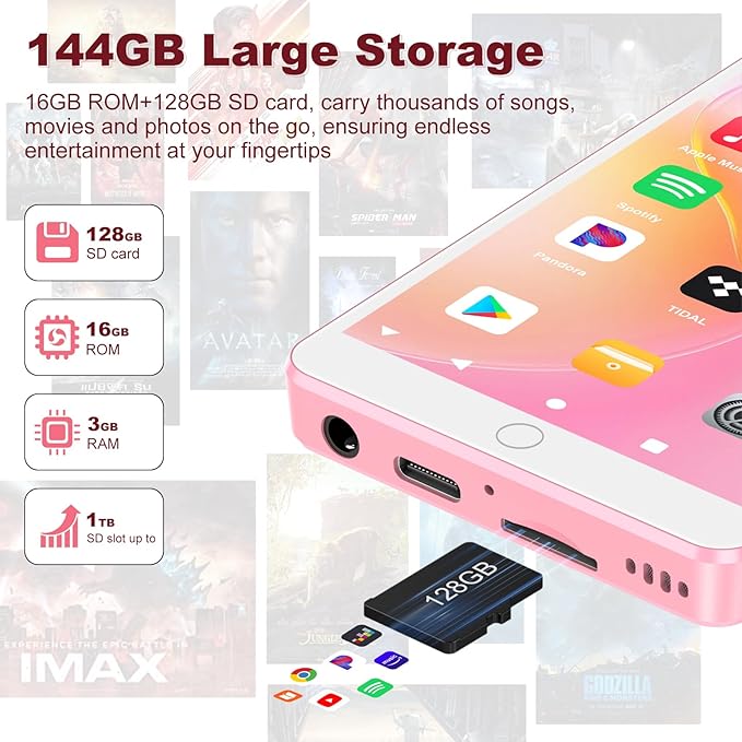 144GB MP3 Player with Bluetooth WiFi, Android 13 OS MP3 MP4 Player with 4" Touchscreen and Speaker, MP3 Music Players with Spotify, Audible, Amazon Music, Play Store (Pink)-StrideForce Fitness