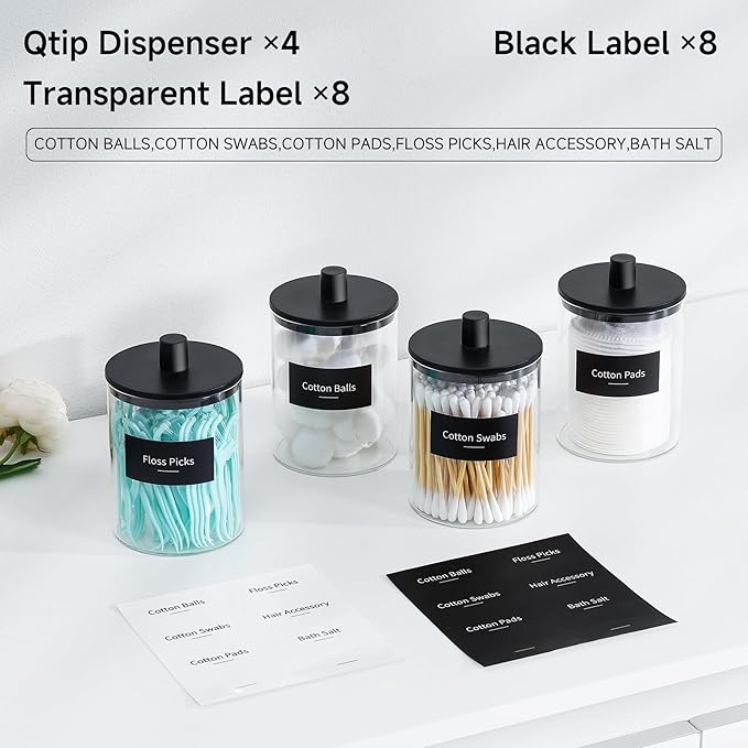 TIPGO Glass Qtip Holder Dispenser - 10 oz Clear Canister Apothecary Jar, Bathroom Vanity Storage Organizer Set for Cotton Swabs, Pads, Floss Picks, Small Containers for Makeup Storage (4 Pack, Black)