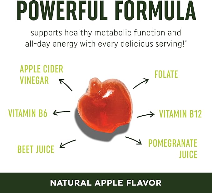 Metabolism Gummies with Apple Cider Vinegar | Energy, Digestion & Lean Body Mass Support | Apple Cider Vinegar Gummies with The Mother, B12 & Folate | Metabolism Support for Women & Men | 60 Ct.-StrideForce Fitness