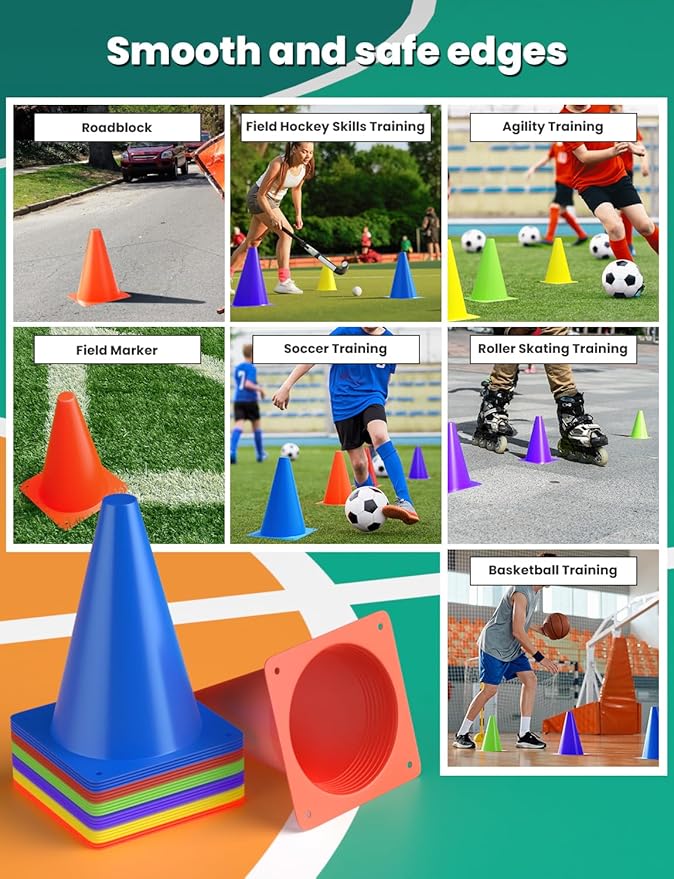 GHB Soccer Cones 7" 9" of 12 24 Pack Disc Soccer Sport Cones Training Field Marker Agility Cones for Basketball, Coaching, Practice Equipment Includes Drills Guide-StrideForce Fitness