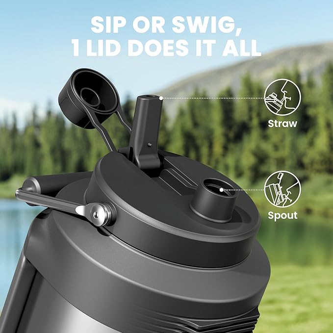 Meoky 1 Gallon Insulated Water Bottle for Travel 128 oz Triple Wall Vacuum Stainless Steel Water Jug - Top and Side Handles, Cold for 48 Hrs, 2-in-1 Straw and Spout Lid, Leak Proof for Work (Silver)-StrideForce Fitness