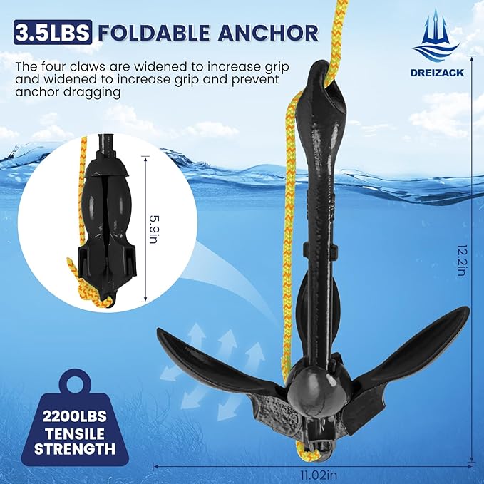 Dreizack Kayak Anchor Kit, 3.5 lb Folding Grapnel Boat Anchor Trolley Accessories with 40ft Rope and PVC Buoy for Fishing Kayaks SUP Paddle Boards Canoes Jet Ski PWC Inflatable Small Boats-StrideForce Fitness