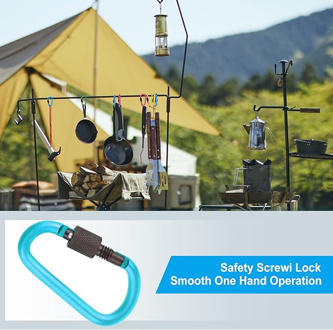 10 Pack Aluminum D Ring Key Rings Hiking Clips Locking Carabiner for Hiking Camping Fishing and Outdoor Use，Clips with Screw Gate Multicolored-StrideForce Fitness