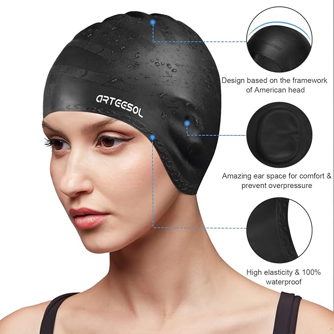 Swimming Cap, Silicone Swim Cap for Women Men, Durable Non-Slip Waterproof Swim Cap Protect Ears, Long Hair for Adults, Older Kids-StrideForce Fitness