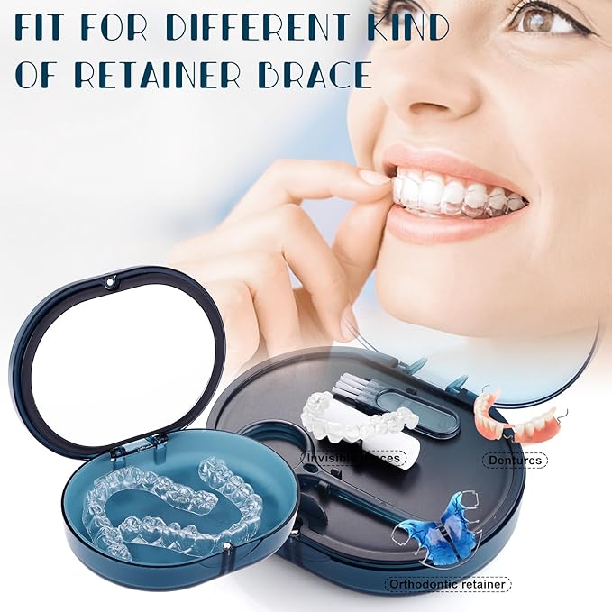 New Double-layer Retainer Storage Case with Belt Chewing,Removal Tool,Cleaning Brush,Built in Mirror Orthodontic Retainer Case