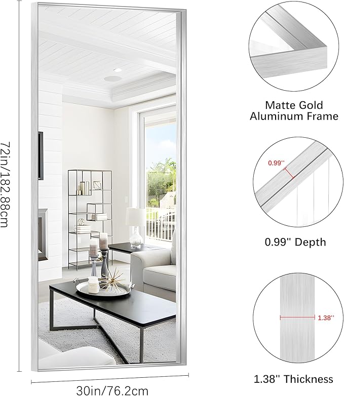 Silver Bathroom Mirror, 72x30 Inch Rectangular Deep Frame Mirror, Large Wall Mounted Bathroom Vanity Mirror Over Sink for Bedroom,Restroom, Living Room, Hangs Vertically or Horizontally-StrideForce Fitness