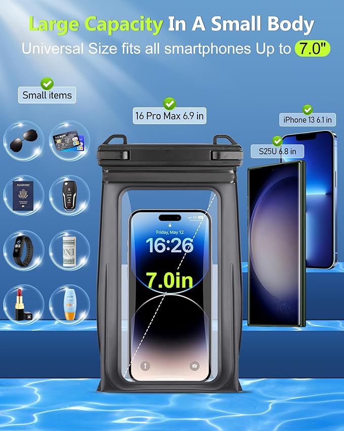 Waterproof Phone Pouch Floating, [Expandable Space] IPX8 Waterproof Dry Bag for iPhone 16 15 14 13 Pro Max Samsung S25 S24 S23 Google Up to 7.0" for Beach Boating Water Park Black-StrideForce Fitness
