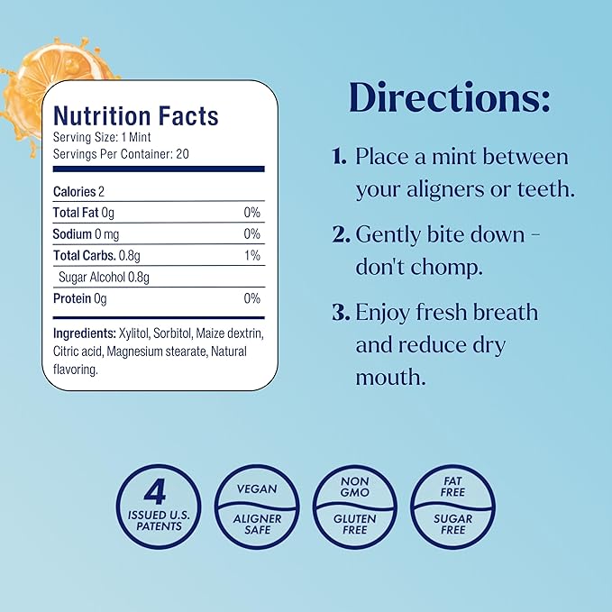 Movemints Clear Aligner Mints - Patented, Edible Alternative to Chewies - Freshen Breath and Improve Dry Mouth with Xylitol - Orange (7 Pack)