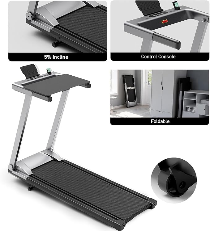 Treadmill with 5% Incline, 300lbs Capacity Folding 15 HP Small Treadmills for Home Portable Running Treadmill with Handles Quiet Brushless Dual Cushion System, Electric Compact Treadmil-StrideForce Fitness