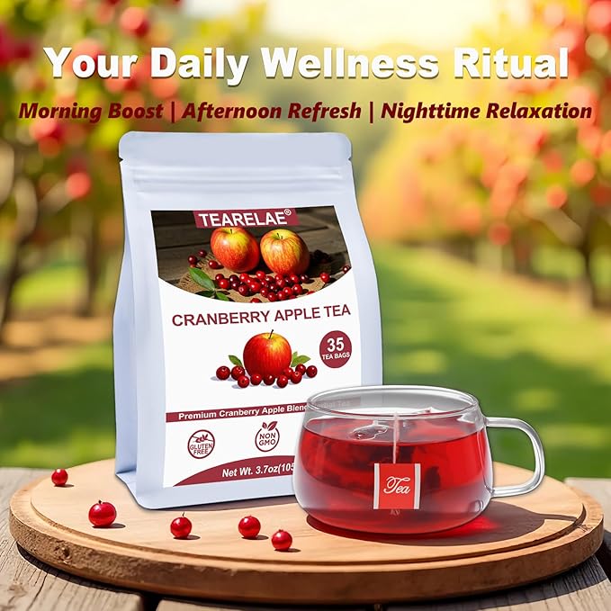 TEARELAE - Cranberry Apple Tea Bags, 35 Count - Premium Cranberry Herbal Blend Tea with Dried Cranberries, Apples, Hibiscus, Rose Petals & Licorice Root - Caffeine-free - Perfect for Daily Refreshment-StrideForce Fitness
