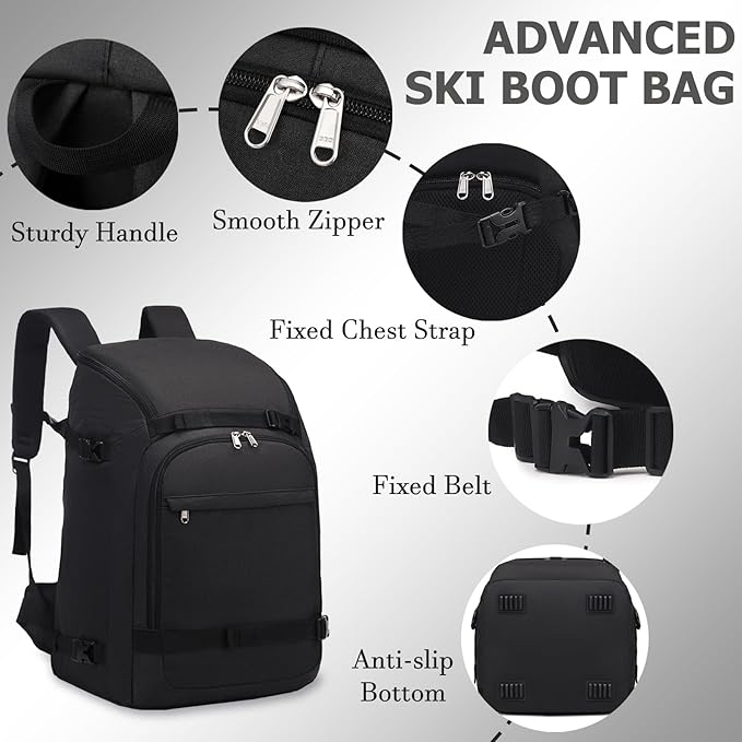 JIANYA Ski Boot Bag, 50L Waterproof Travel Backpack for Snowboard, Ski Helmet, Goggles, Gloves & Accessories, Black-StrideForce Fitness