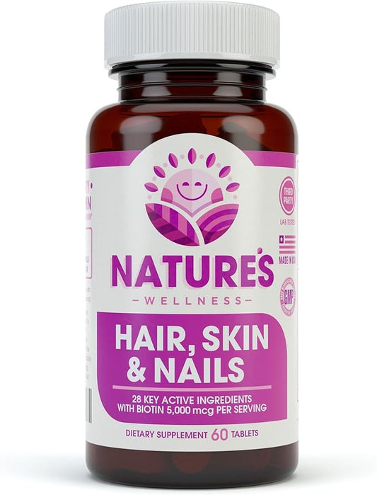Natures Wellness Hair, Skin & Nails Essential Nourishing Supplement, 60-Count | 4000mcg Biotin + Vitamins A, C and E, B Complex Vitamins, and Advanced Nutrients per Capsule | 100% All-Natural-StrideForce Fitness