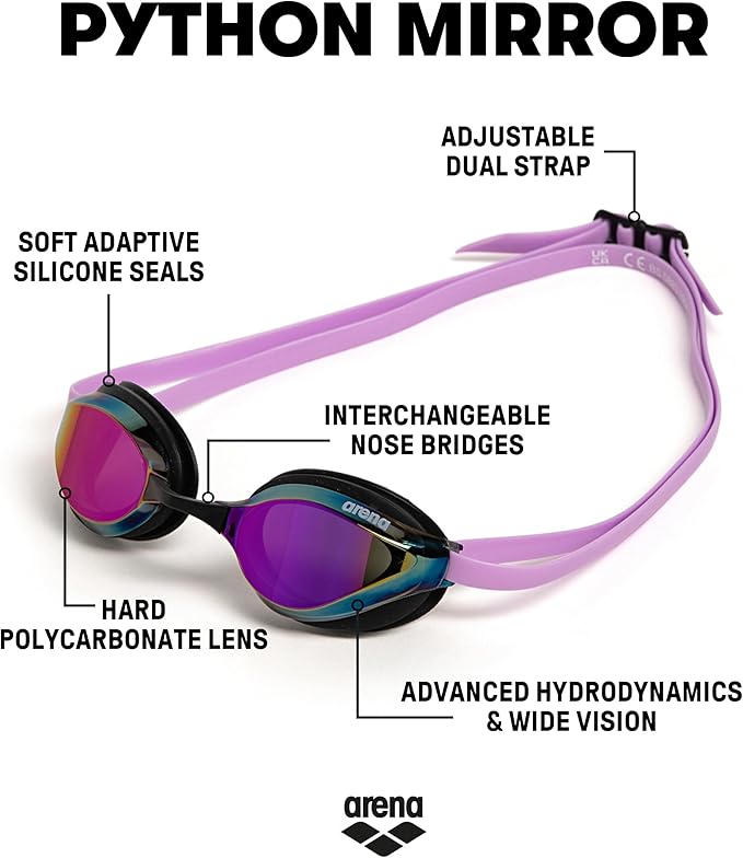 ARENA Unisex Python Racing Swim Goggles for Men and Women Anti-Fog No Leak Max Comfort Dual Strap, Mirror/Non-Mirror Lens-StrideForce Fitness