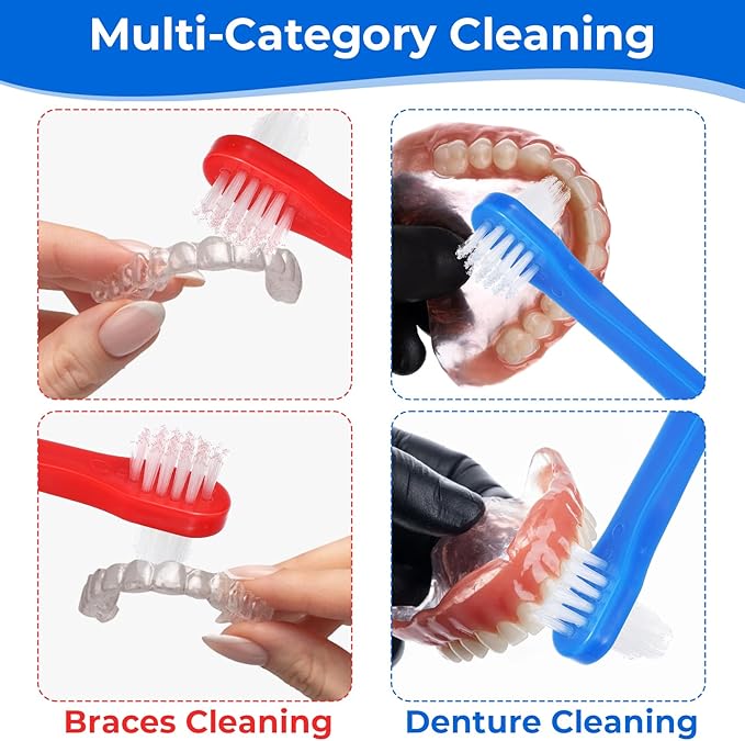 6 Pack Denture Brush, Portable Dual Headed Firm Hard Denture Toothbrush for Bristle, Toothbrush for Dentures, Clear Braces and Mouth Guards (Blue Red White)
