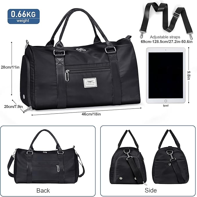 FIORETTO Womens Gym Tote Duffle Bag with Wet Pocket & Shoe Compartment, Sports Duffel Overnight Weekender Hospital Workout Carry on Bag for Girls, Ideal for Travel, Swimming, Dance, Ballet Black-StrideForce Fitness