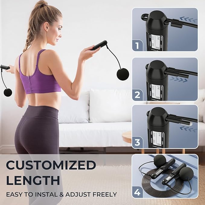 Smart Jump Rope with LED Display and Jump Counter, Weighted Cordless Design for Home Gym & HIIT, Adjustable Steel Wire for Fitness, Tracks Jumps, Calories & Time, for Men, Women & Kids-StrideForce Fitness