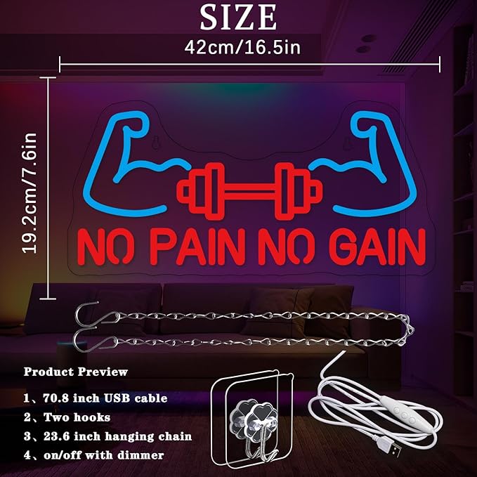No Pain No Gain Neon Sign for Gym Decor Gym Neon Light Muscle Led Neon Sign Dumbbell LED Neon Light Weightlifting Neon Lights Fitness Club Neon Signs for Gym Fitness Club Store Decoration-StrideForce Fitness