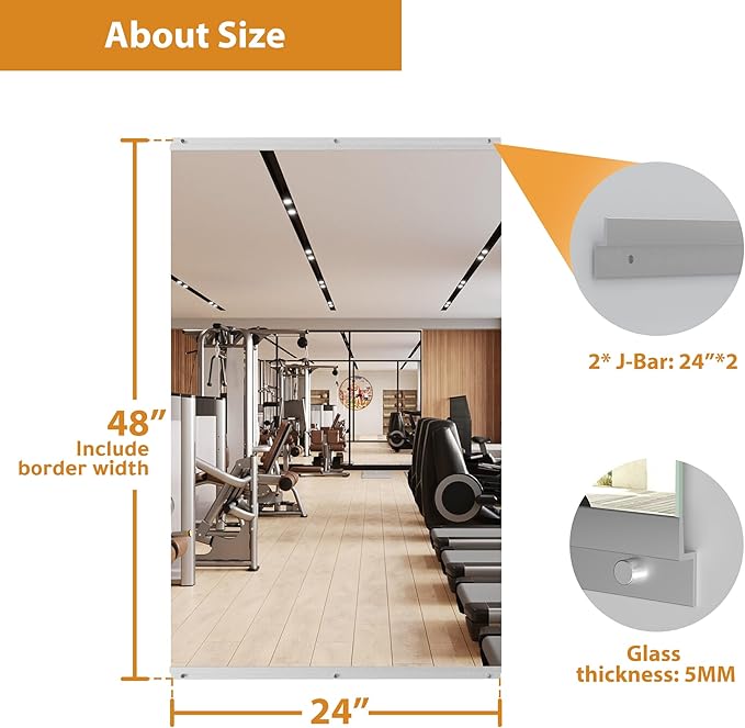 ROOMTEC Workout Mirrors for Home Gym 48"x24", Large Wall Mirror Full Length for Fitness, Yoga, Big Wall Mounted Frameless Glass Mirror for Garage, Dance Studio, Bedroom-StrideForce Fitness