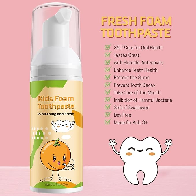 Foam Toothpaste Kids 2PCS, Toddler Toothpaste Cavity Protection, Clean and Whitening, 360ºCare, Portable, Kids Foam Toothpaste with Fluoride for Electric & U-Shape Toothbrushes (Orange)