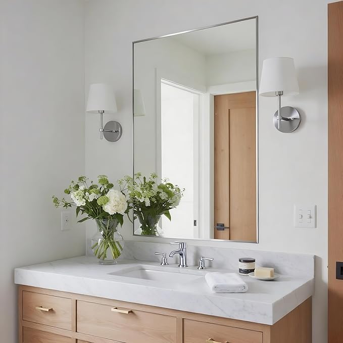 24x36 Inch Nickel Bathroom Mirror for Wall, Aluminum Frame Rectangle Rectangular Vanity Mirror, Modern Large for Bedroom, Living Room, Horizontal or Vertical-StrideForce Fitness