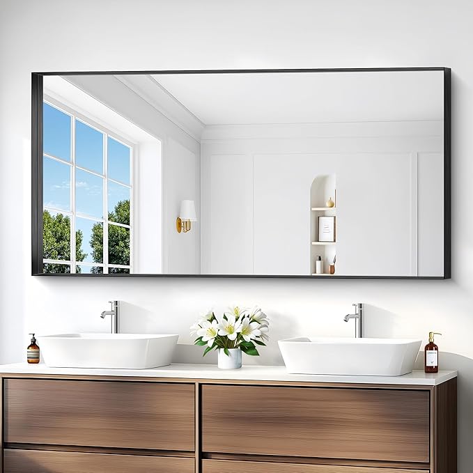 Black Bathroom Mirror, 30x60 Inch Rectangular Deep Frame Mirror, Large Wall Mounted Bathroom Vanity Mirror Over Sink for Bedroom,Restroom, Living Room, Hangs Vertically or Horizontally-StrideForce Fitness