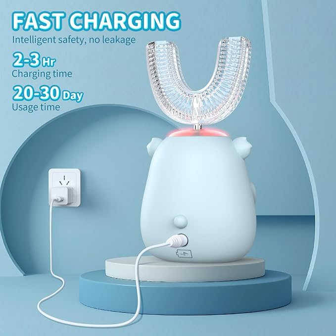 Kids U Shaped Electric Toothbrush, Automatic 360° Sonic Cleaning, 6 Modes, 4 Brush Heads, Cute Cartoon Koala Design (2-6 Age (Grey Blue))