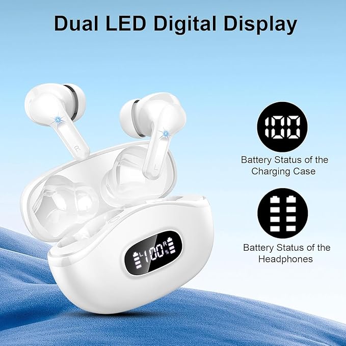 Wireless Earbuds, 2025 Bluetooth Headphones V5.3 HiFi Stereo Ear buds with ENC Noise Cancelling Mics, 40H Bluetooth Earbuds with Dual LED Display, IP7 Waterproof Earphones for Android iOS, White-StrideForce Fitness