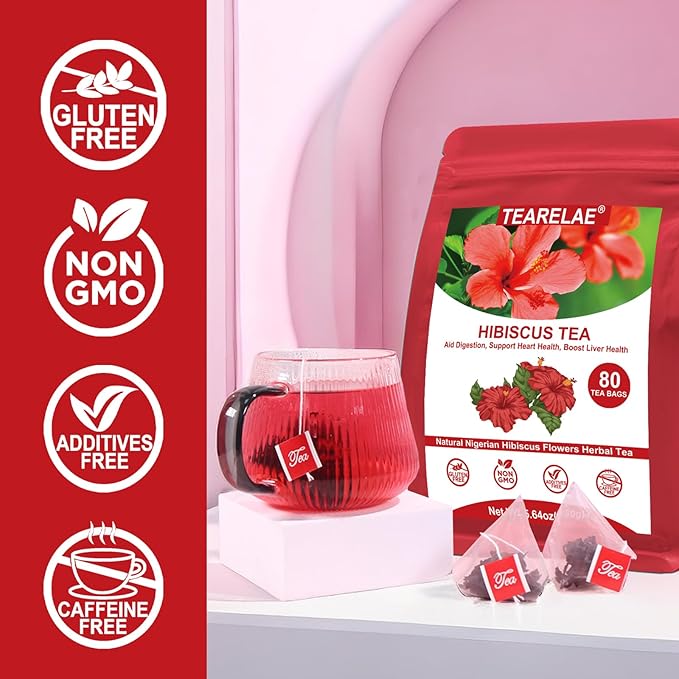 TEARELAE - Hibiscus Tea Bags - 2g x 80 Count - 100% Pure Hibiscus Flowers - Country of Origin Nigeria - Non-GMO - Caffeine-free - Aid Digestion & Support Heart Health-StrideForce Fitness