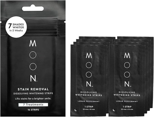 MOON Dissolving Teeth Whitening Strips, 14 No Rinse White Strips, Peppermint, Hydrogen Peroxide & Essential Oils, Whiten Sensitive Teeth up to 7 Shades in 2 Weeks, Travel Essentials, Vegan Oral Care