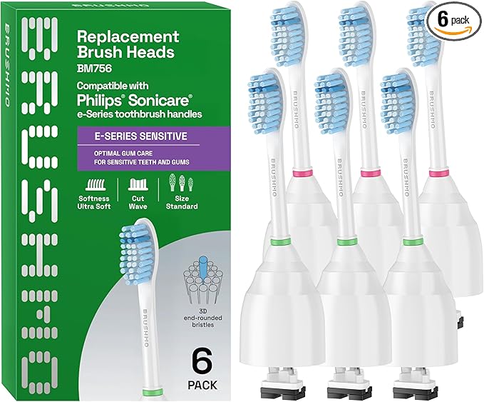 Brushmo e-Series Sensitive Replacement Toothbrush Heads, Compatible with Philips Sonicare Screw-on Electric Toothbrush Handles, 6 Standard Replacement Heads, Ultra Soft Dupont Bristles, BM756, White