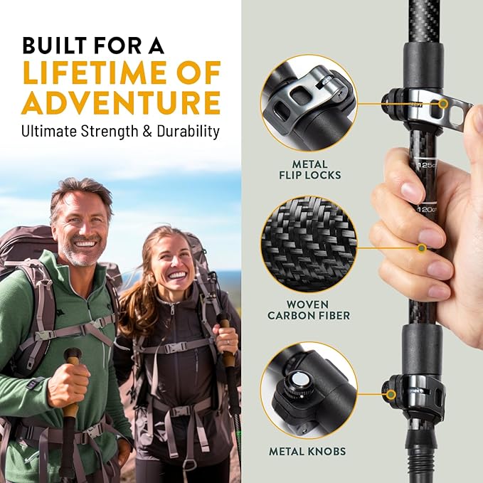 100% Carbon Fiber Trekking Poles by USA Brand - Ultra Strong Lightweight Collapsible Hiking Poles with Cork and EVA Foam Grips & Quick Adjustable Flip Locks-StrideForce Fitness