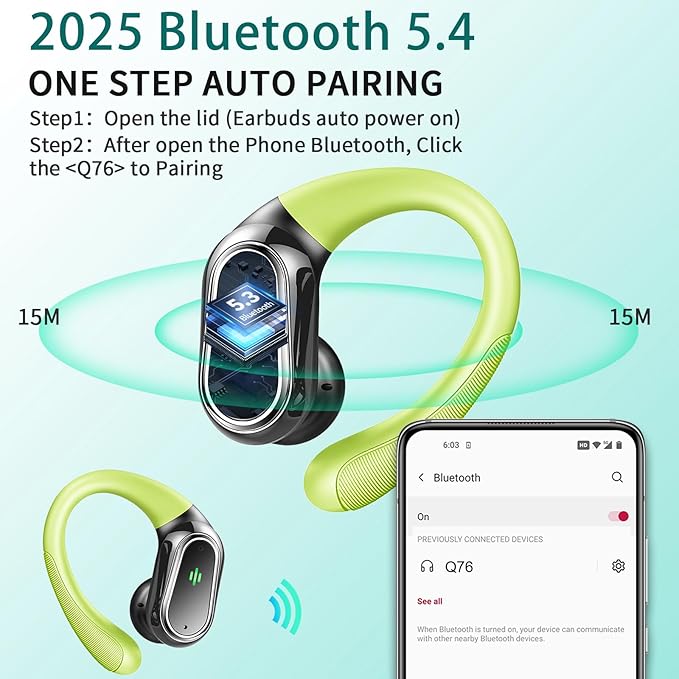 Wireless Earbuds, 2025 Bluetooth 5.4 Headphones Sport, Bluetooth Earbuds with ENC Noise Canceling Mic, 50H Stereo Wireless Headphones IP7 Waterproof with Earhooks, Dual LED Display for Workout/Running-StrideForce Fitness