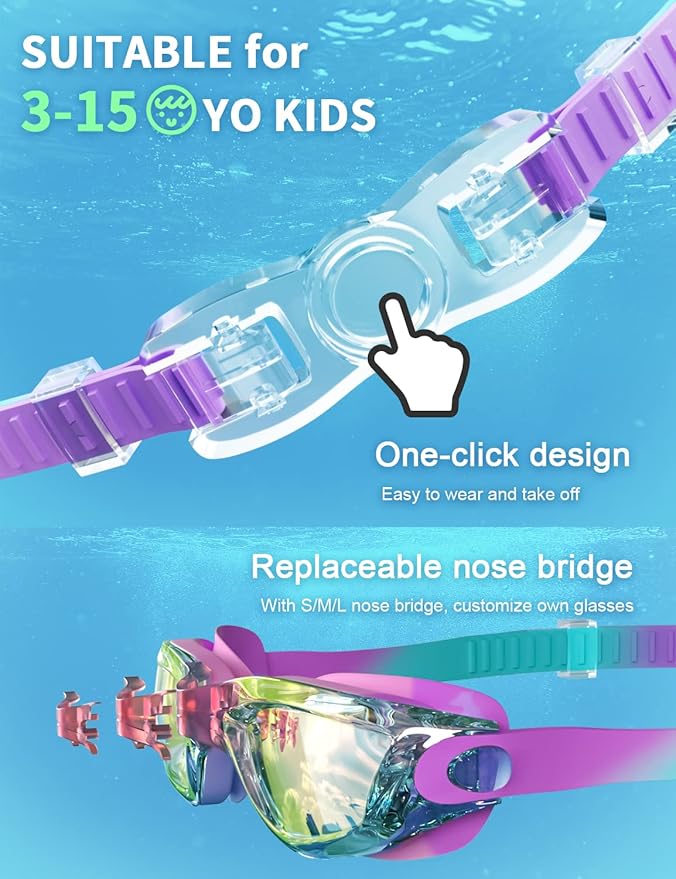 Kids Swim Goggles, Swimming Goggles for Kids with Nose Clip, Earplugs, Nose Bridge for Age 3-15-StrideForce Fitness