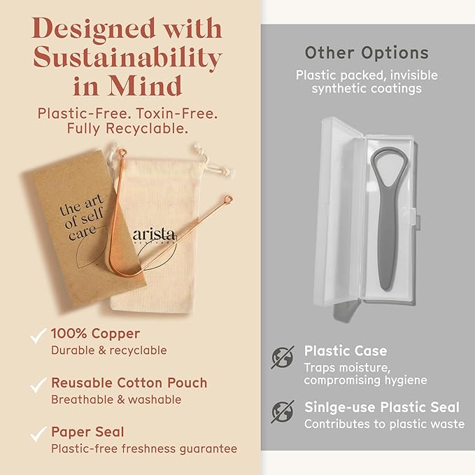 Arista Copper Tongue Scraper for Adults & Kids – 100% Pure Copper Tongue Cleaner – Extreme Bad Breath Treatment for Adults, Oral Detox & Hygiene – 1 Pack with Travel Pouch