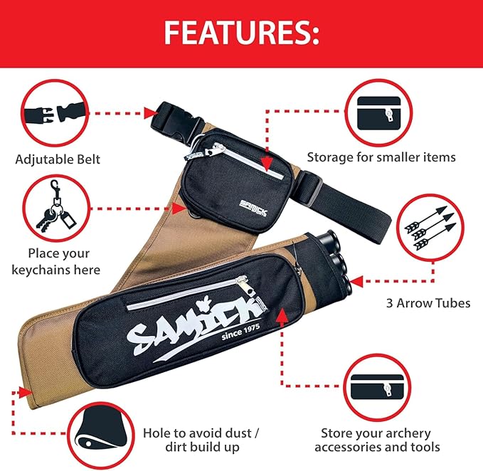 Archery Arrow Quiver - Adjustable Waist Hanged Quiver with 3 Removable Tubes & Pockets for Archery Arrows Case & Equipment - Ideal for Hunting & Target Practice - Right Handed Only-StrideForce Fitness