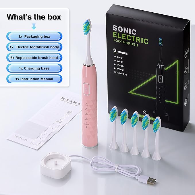 Sonic Electric Toothbrush for Adults - Deep Cleaning Teeth Whitening6 Replacement Brush Heads100-Day Battery5 Modes w/SensitiveIPX7 Waterproof (Color Options)