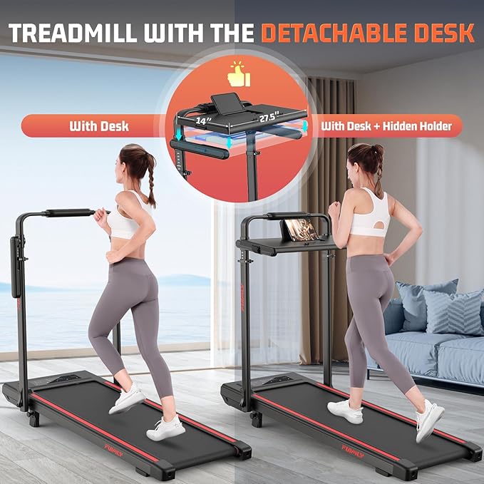 Walking Pad Treadmill with Desk Workstation, 10% Incline Foldable Treadmill with Handrail, 300lbs Capacity, 3 Control Methods, 8 in 1 Folding Treadmills for Home Office-StrideForce Fitness