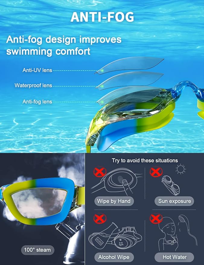 Kids Swim Goggles, Swimming Goggles for Kids with Nose Clip, Earplugs, Nose Bridge for Age 3-15-StrideForce Fitness