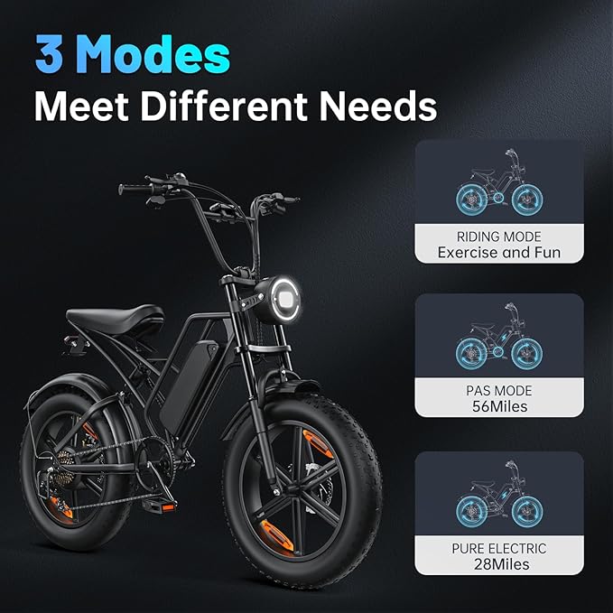 E500 Electric Bike for Adults 1000W Peak Motor, 20" Fat Tire Dirt E-Bike with 35MPH, 40 Miles PAS Range, Electric Bicycles with 48V Removable Battery, 7-Speed E Bike for Mountain Beach Sand Road Snow-StrideForce Fitness