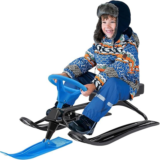 Snow Racer Sled for Kids, Dual Brakes Snowmobile Sled Ski with Steering Wheel, Snow Sledge for Skiing, Ice Skating, Sand Skating, Single Rider 45 x 20 x 15 inches-StrideForce Fitness