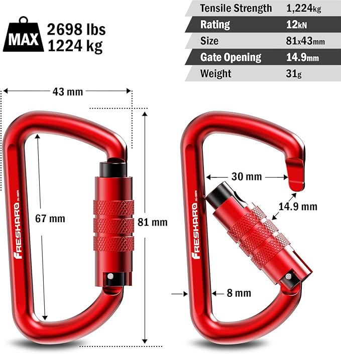 FresKaro 3inch 12kN-2698lbs Auto Locking Carabiner Clips, Solid D Shape, Heavy Duty 7075 Aluminum, Lightweight 1.09oz, Rust Proof, for Hammock, Hiking, Dog Leash, Keychain etc., Multi-Colors-StrideForce Fitness