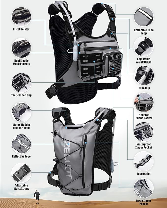 Running Vest with 2L Water Bladder, USA Original Patent, Lightweight Adjustable Chest Pack with Gear Holder, Reflective Running Hydration Vest for Women Men for Marathon-StrideForce Fitness