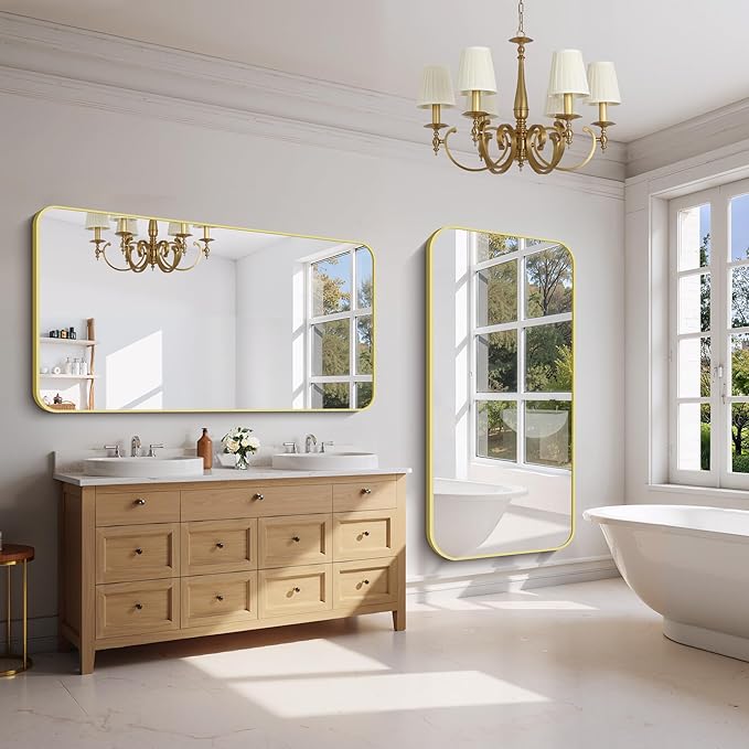 FORBATH 30x60 Inch Gold Bathroom Mirror for Over Sink, Large Rectangular Wall Mirror with Metal Frame, Rounded Corners for Bathroom, Bedroom, Entryway Decor (Horizontal or Vertical)-StrideForce Fitness