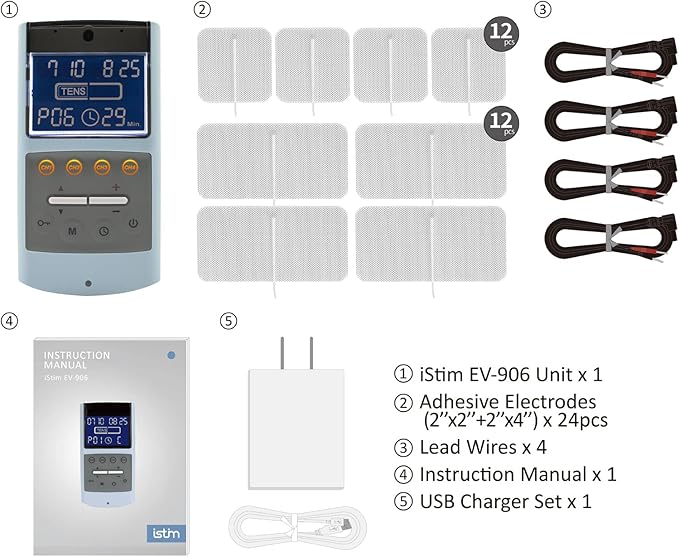 iStim TENS EMS Muscle Stimulator, EV-906 for Pain Relief and Muscle Strengthening, Japanese Gelled Electrodes Included-StrideForce Fitness