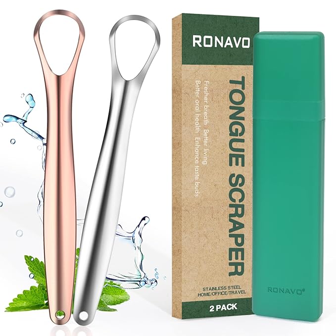 RONAVO Tongue Scraper for Kids, Children, Adult, Stainless Steel Tongue Cleaner Reduce Bad Breath, with Handy Case, 2 Colors